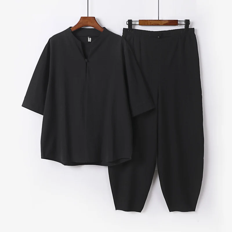Herren Zweiteiliges Leichtes Leinen-Baumwoll-Set mit Mandarin-Kragen und elastischer Bundhose Nord Taschen