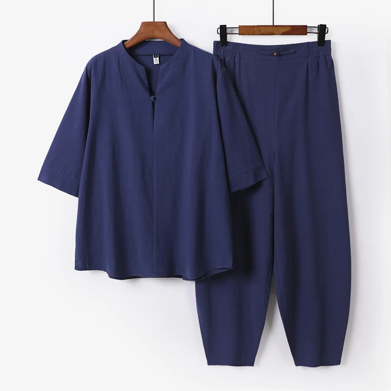 Herren Zweiteiliges Leichtes Leinen-Baumwoll-Set mit Mandarin-Kragen und elastischer Bundhose Nord Taschen