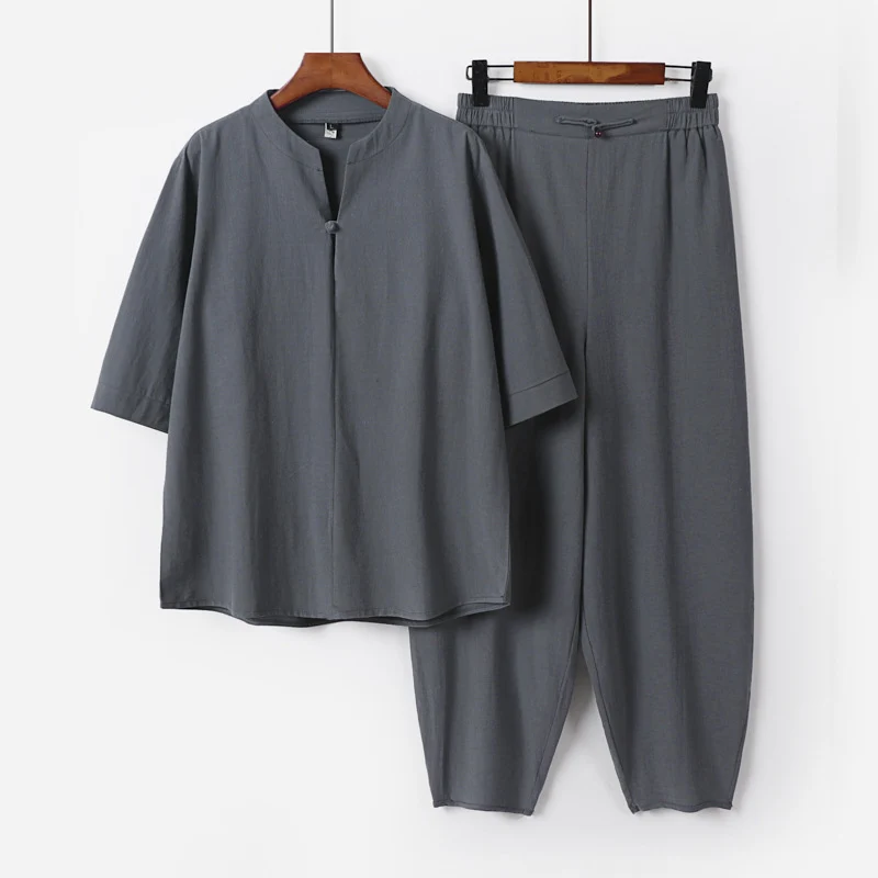 Herren Zweiteiliges Leichtes Leinen-Baumwoll-Set mit Mandarin-Kragen und elastischer Bundhose Nord Taschen