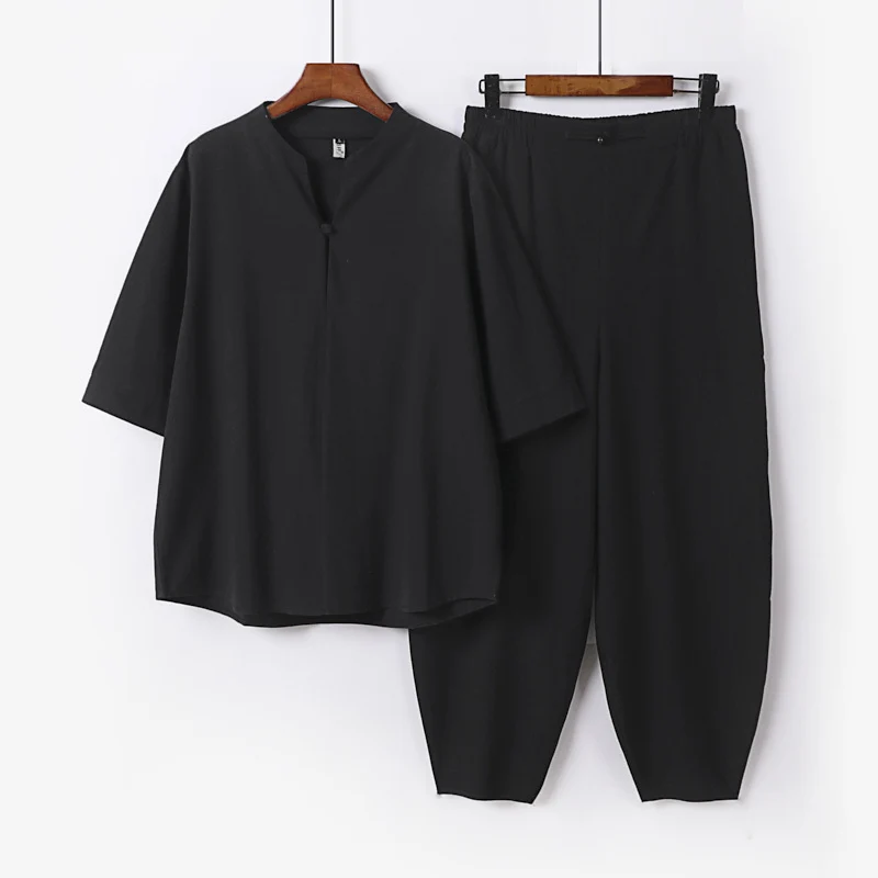 Herren Zweiteiliges Leichtes Leinen-Baumwoll-Set mit Mandarin-Kragen und elastischer Bundhose Nord Taschen