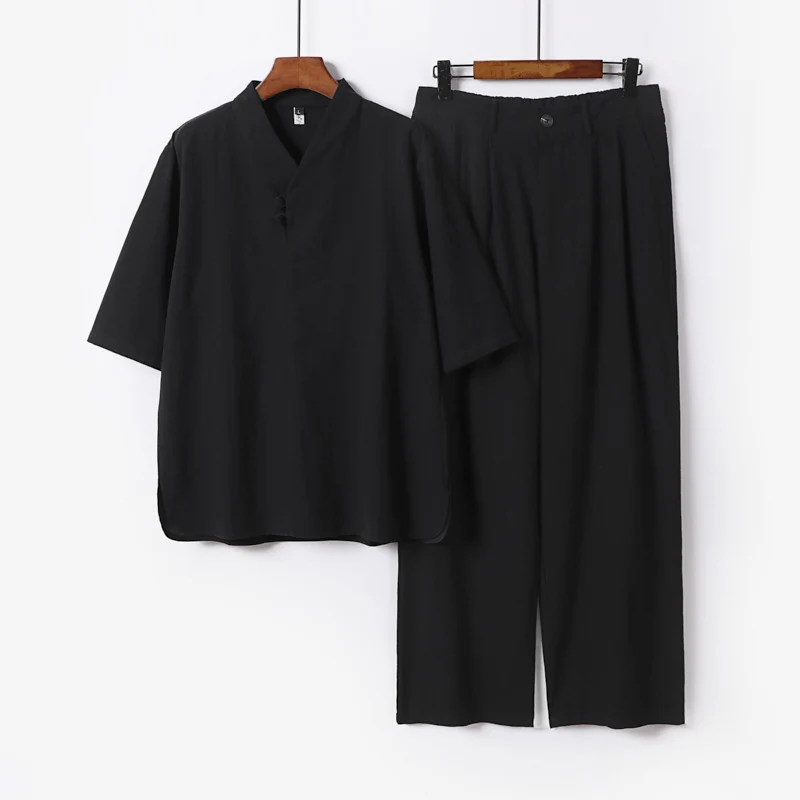 Herren Zweiteiliges Leichtes Kimono-Loungewear-Set mit Stehkragen Knotenverschluss Kurzarm und weiter Bundhose Nord Taschen