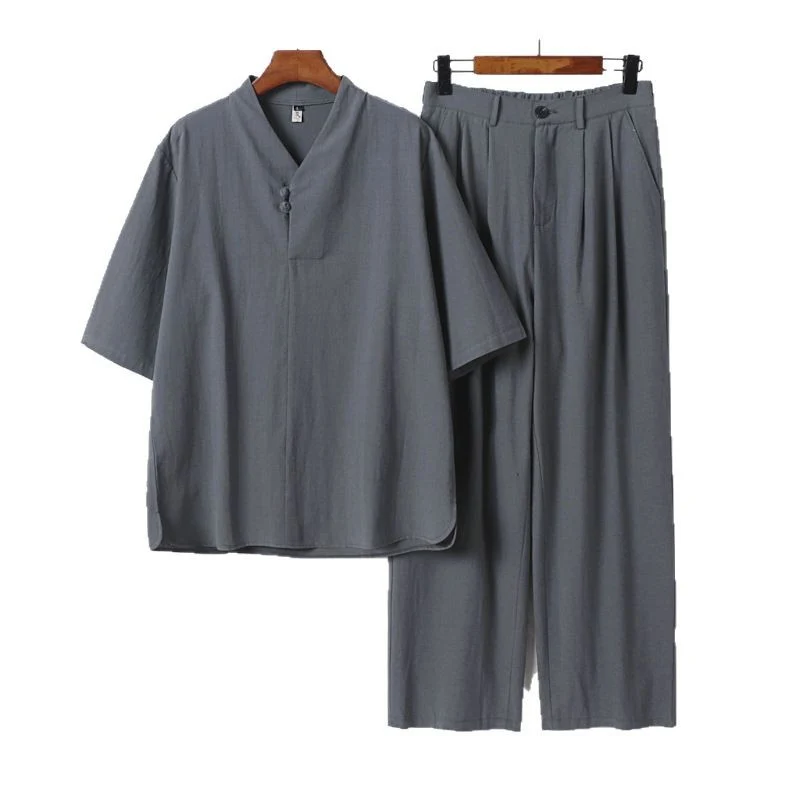 Herren Zweiteiliges Leichtes Kimono-Loungewear-Set mit Stehkragen Knotenverschluss Kurzarm und weiter Bundhose Nord Taschen