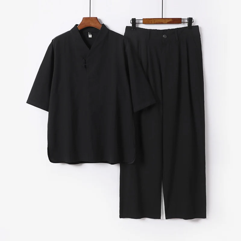 Herren Zweiteiliges Leichtes Kimono-Loungewear-Set mit Stehkragen Knotenverschluss Kurzarm und weiter Bundhose Nord Taschen