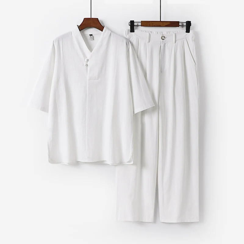 Herren Zweiteiliges Leichtes Kimono-Loungewear-Set mit Stehkragen Knotenverschluss Kurzarm und weiter Bundhose Nord Taschen