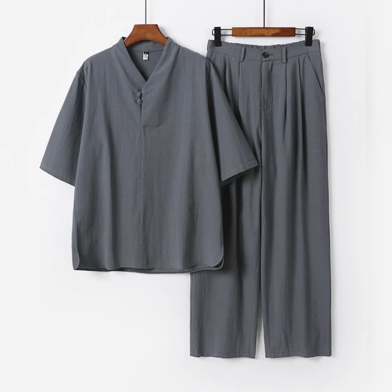 Herren Zweiteiliges Leichtes Kimono-Loungewear-Set mit Stehkragen Knotenverschluss Kurzarm und weiter Bundhose Nord Taschen