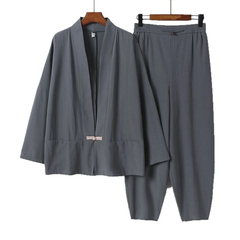 Herren Zen-Relax-Set mit offener Kimono-Jacke, dekorativem Knebelverschluss und tapered Harem-Joggpants Nord Taschen