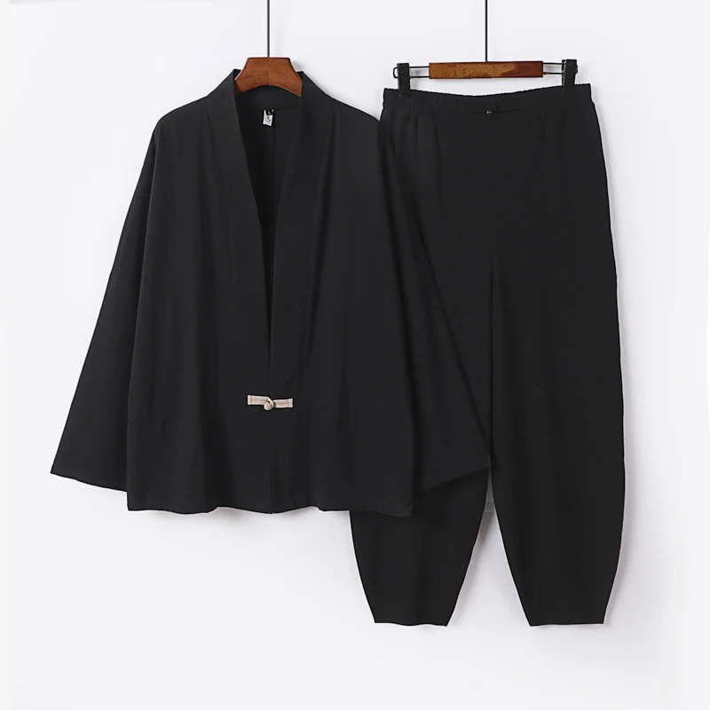 Herren Zen-Relax-Set mit offener Kimono-Jacke, dekorativem Knebelverschluss und tapered Harem-Joggpants Nord Taschen