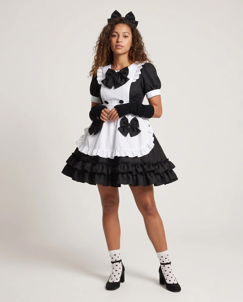 Damen verspieltes Rüschenkleid mit Schleifen und Kapuze Nord Taschen