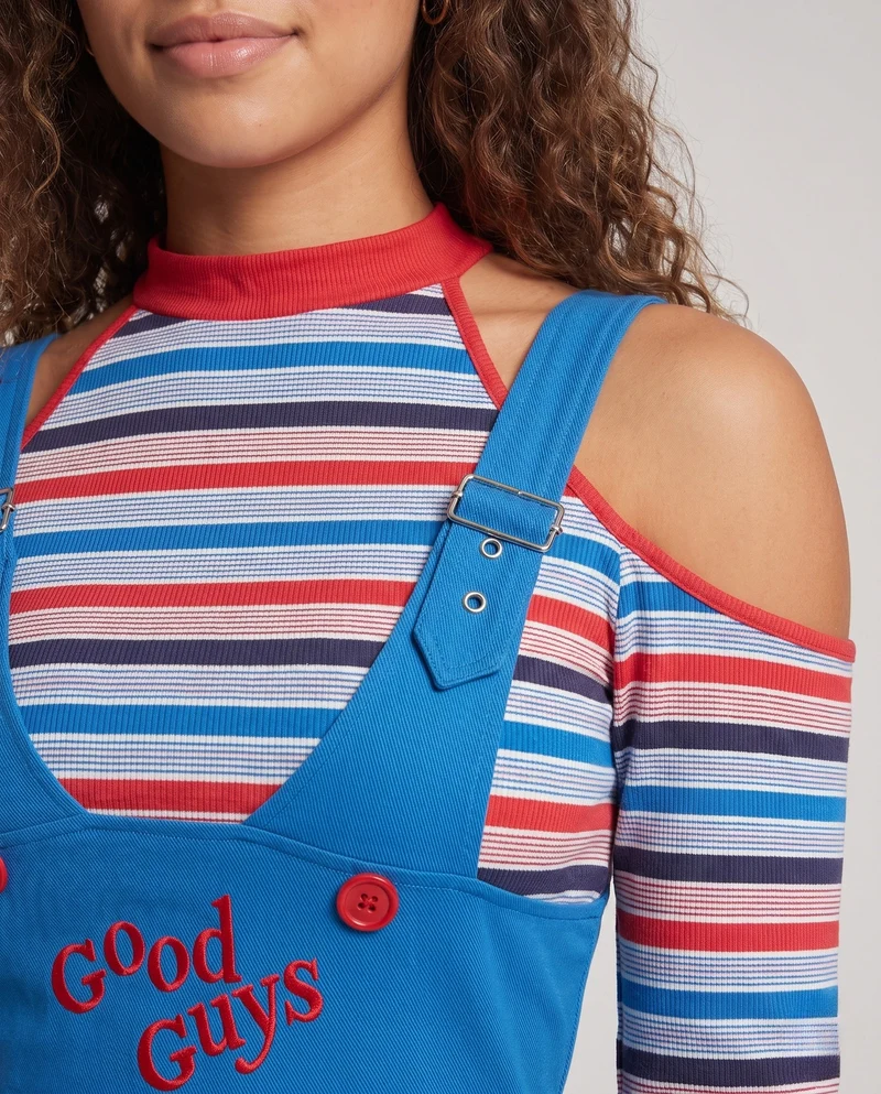 Damen vielseitiges und verspieltes Latzkleid mit gestreiften Langarmshirt Nord Taschen