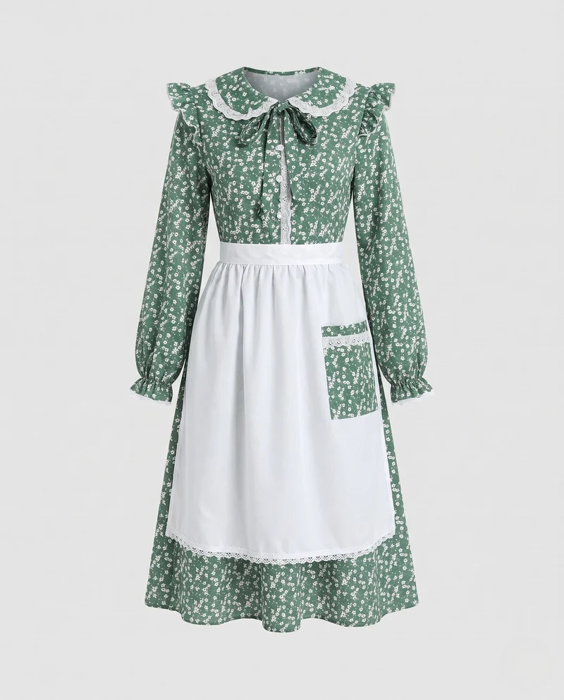Damen Vintage Kleid mit Schürze und Blumenmuster Nord Taschen