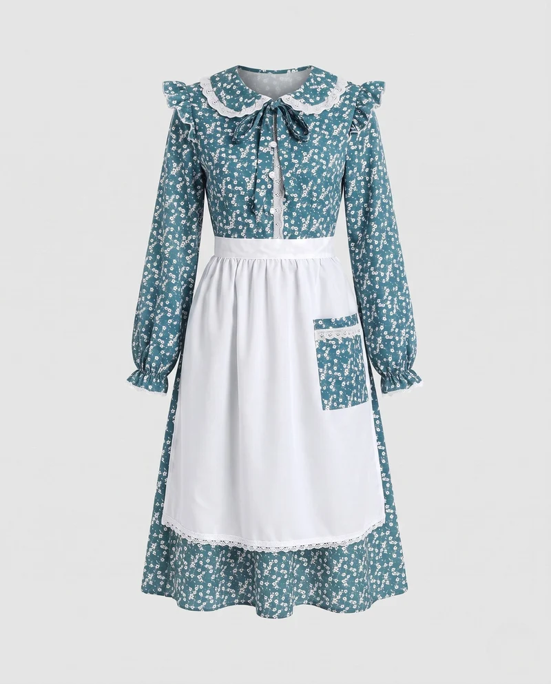 Damen Vintage Kleid mit Schürze und Blumenmuster Nord Taschen