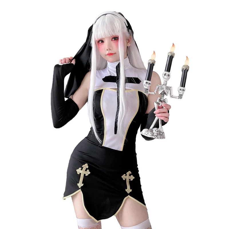 Damen Gothic Minikleid mit Spitzenärmeln und Kreuzdetails Nord Taschen