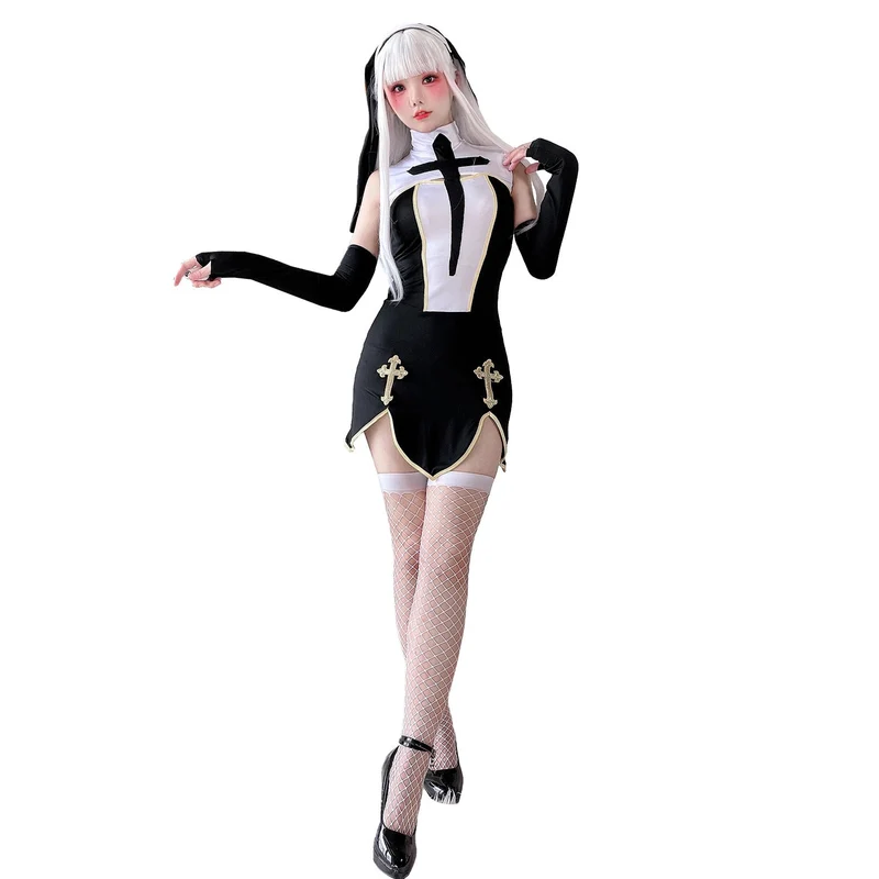 Damen Gothic Minikleid mit Spitzenärmeln und Kreuzdetails Nord Taschen