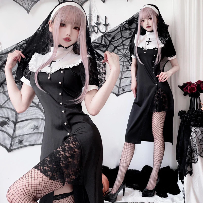 Damen Gothic Nonnenkostüm mit transparenten Spitzenärmeln und Kreuzdetails Nord Taschen