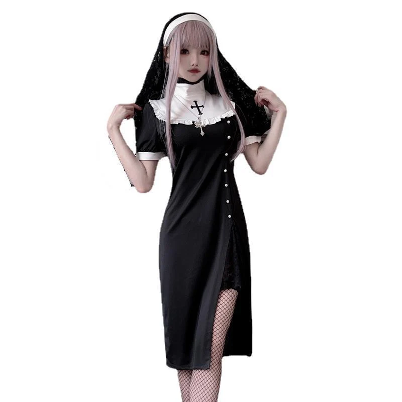 Damen Gothic Nonnenkostüm mit transparenten Spitzenärmeln und Kreuzdetails Nord Taschen