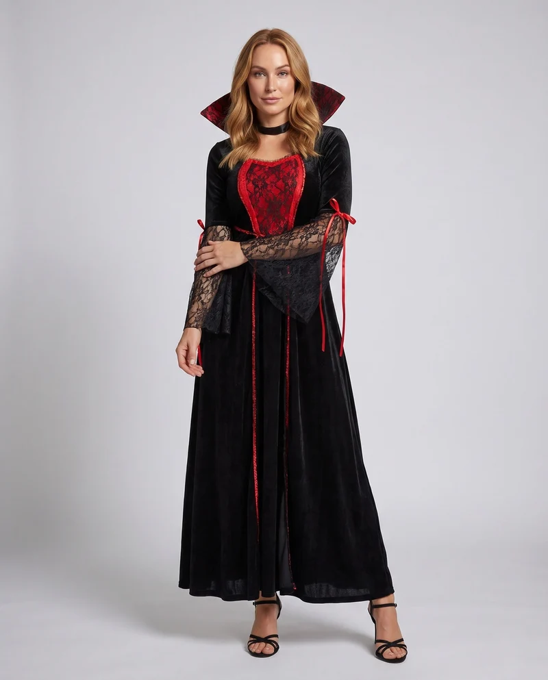 Damen Gothic Vampir-Halloween Kleid mit Spitzenärmel und schickem Umhang Nord Taschen