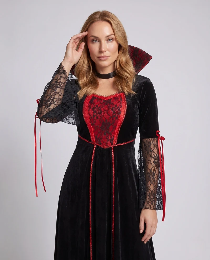 Damen Gothic Vampir-Halloween Kleid mit Spitzenärmel und schickem Umhang Nord Taschen