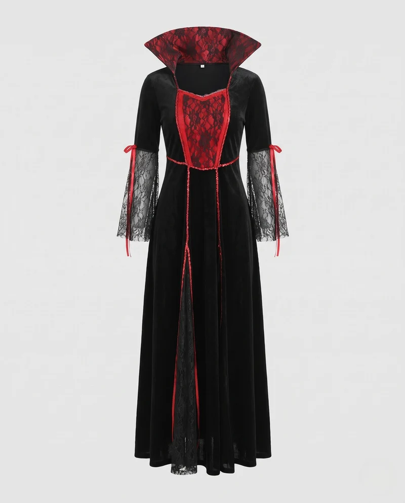 Damen Gothic Vampir-Halloween Kleid mit Spitzenärmel und schickem Umhang Nord Taschen