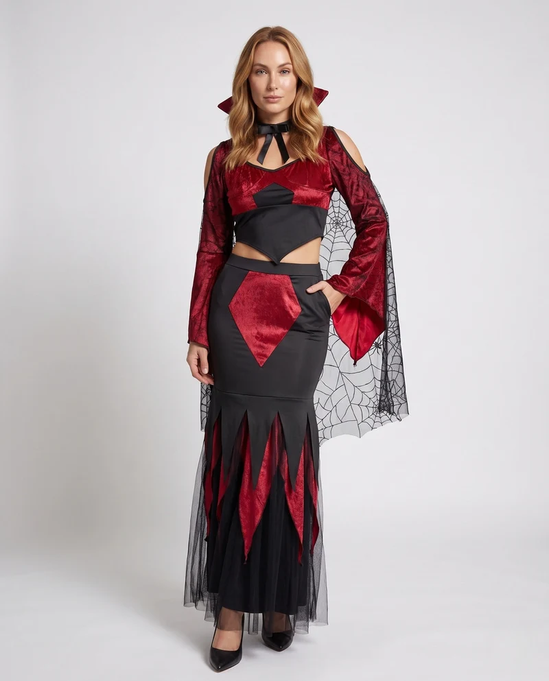 Damen Gothic Vampirkleid mit transparenten Tüllärmel und dramatischem Schlitz Nord Taschen