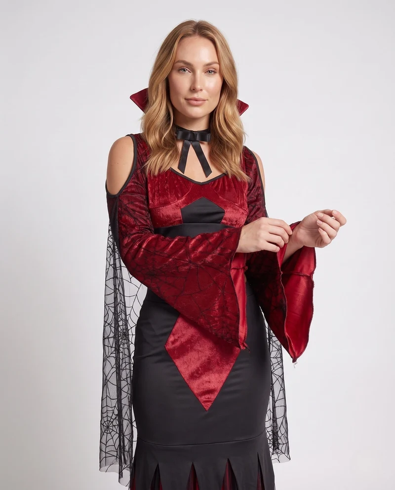 Damen Gothic Vampirkleid mit transparenten Tüllärmel und dramatischem Schlitz Nord Taschen