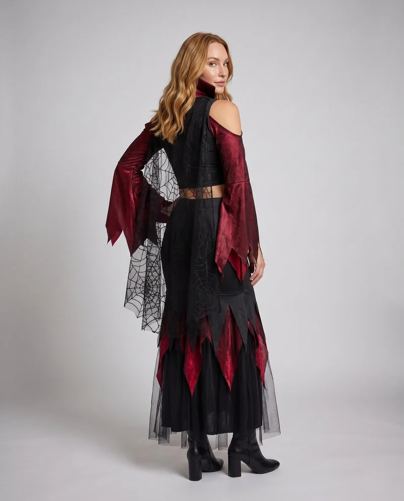 Damen Gothic Vampirkleid mit transparenten Tüllärmel und dramatischem Schlitz Nord Taschen