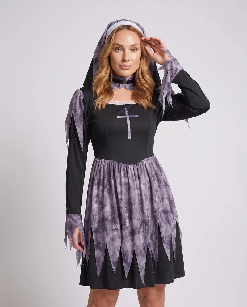 Damen Gruselige Nonne Kostüm mit Spitzenärmel und Tüll-Details Nord Taschen