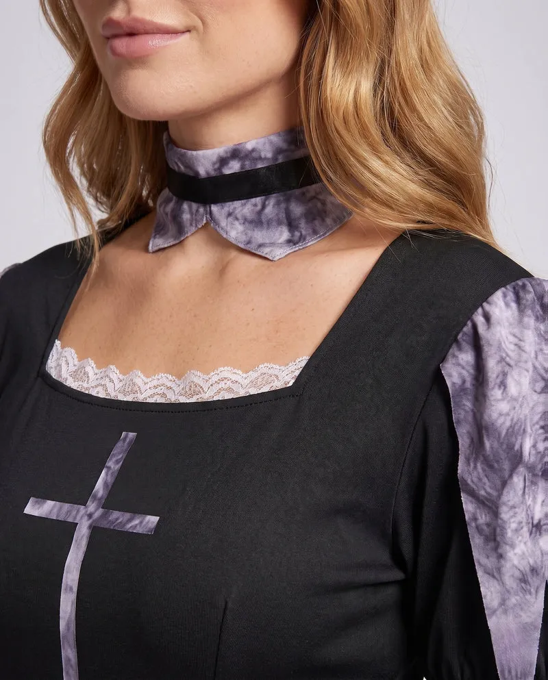 Damen Gruselige Nonne Kostüm mit Spitzenärmel und Tüll-Details Nord Taschen