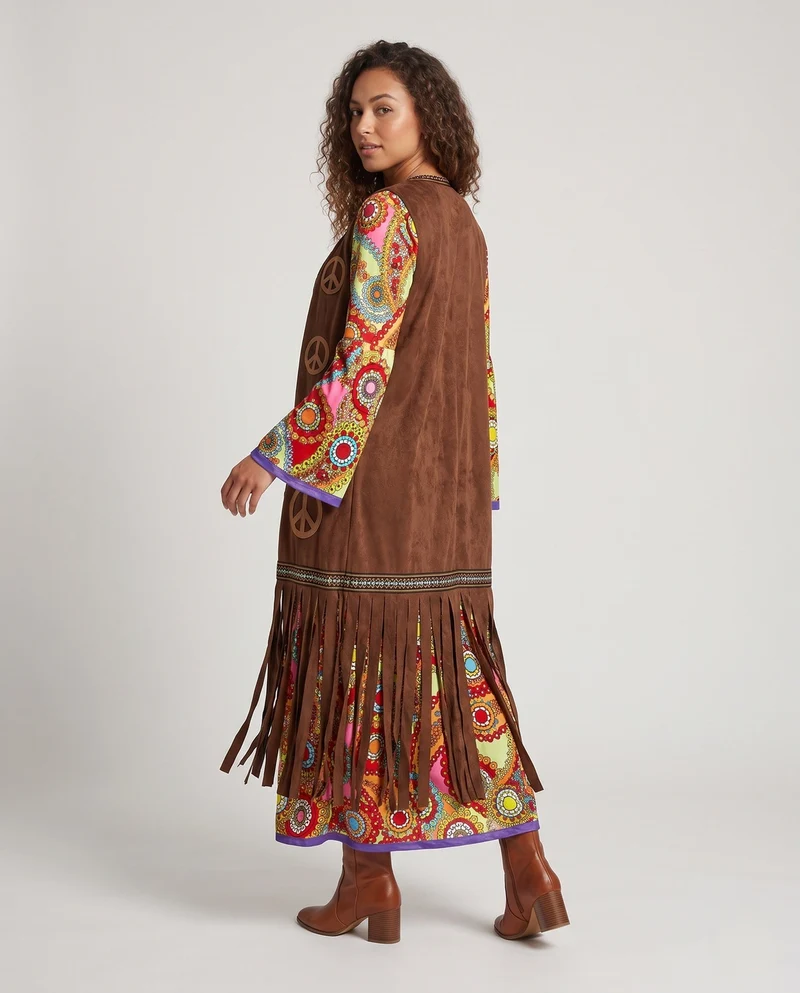 Damen Hippie Kleid mit bunten Mustern und Fransen Nord Taschen
