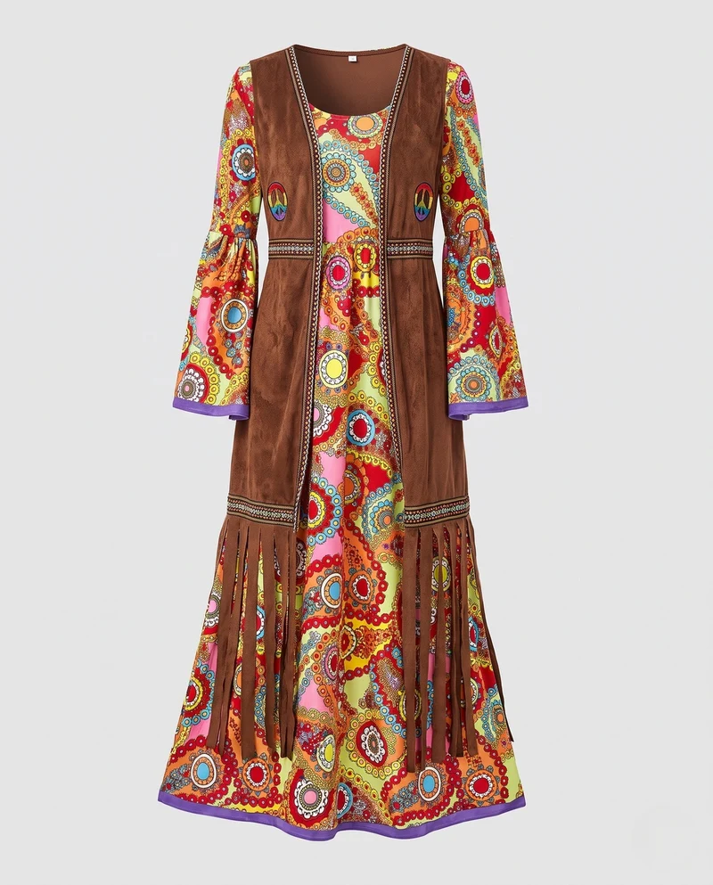 Damen Hippie Kleid mit bunten Mustern und Fransen Nord Taschen