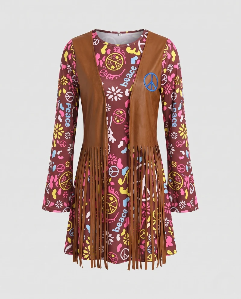 Damen Hippie-Kostüm mit Fransen und Blumenmuster Nord Taschen