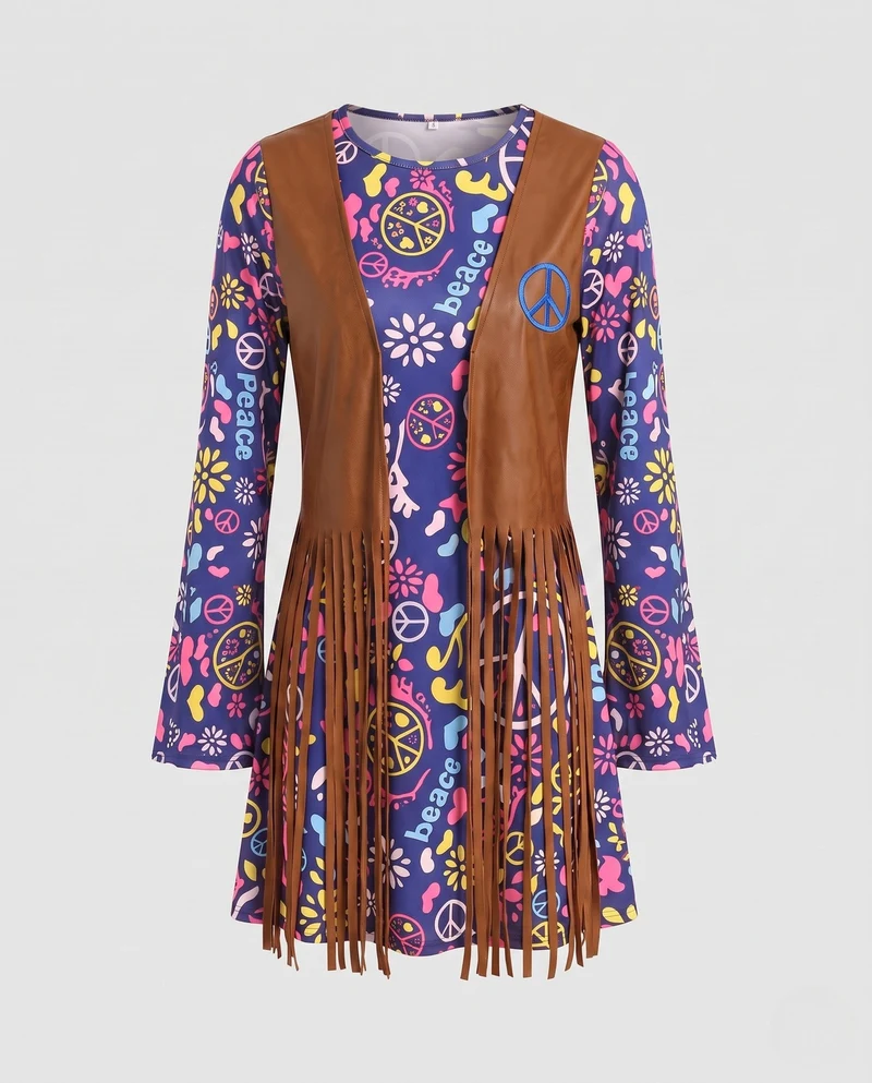 Damen Hippie-Kostüm mit Fransen und Blumenmuster Nord Taschen