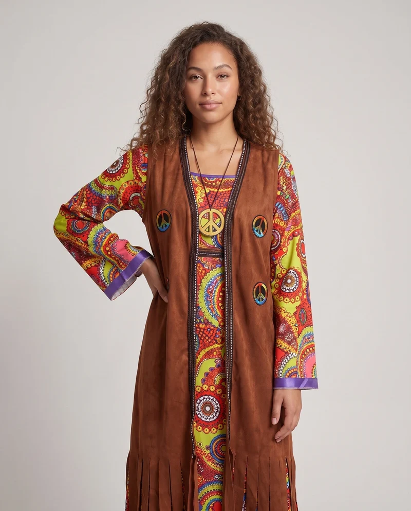 Damen Hippie-Langkleid mit bunten Mustern und Fransen Nord Taschen