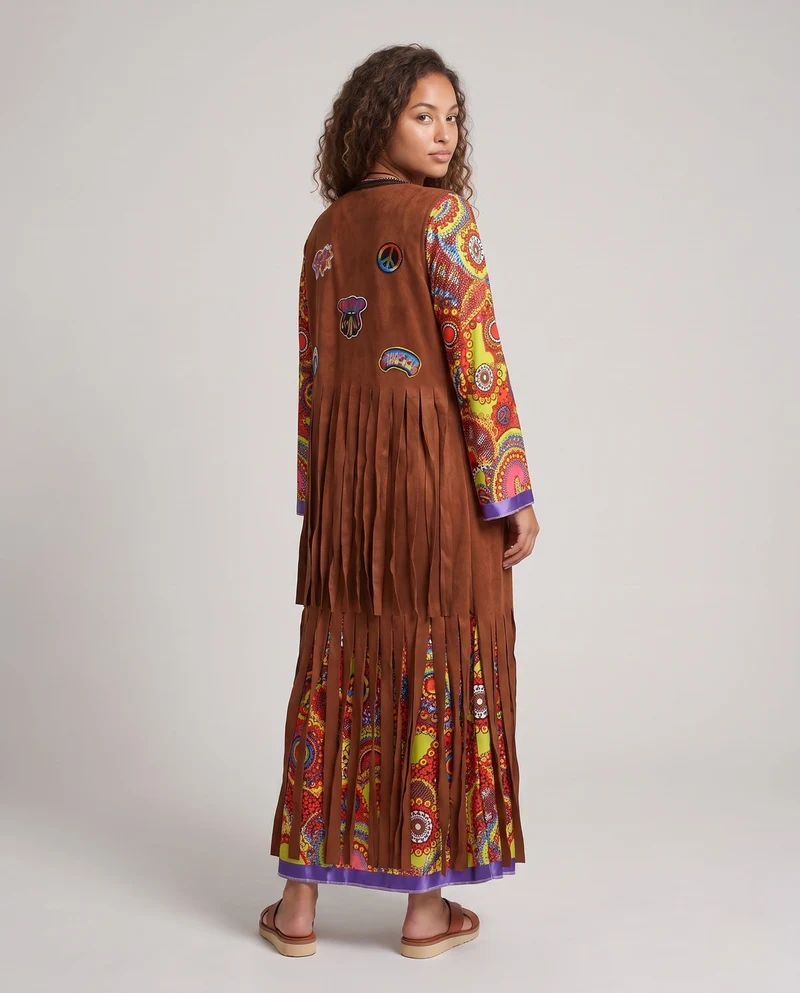 Damen Hippie-Langkleid mit bunten Mustern und Fransen Nord Taschen