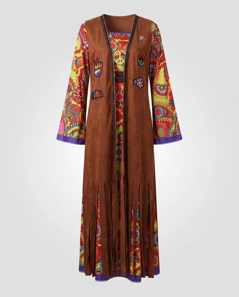Damen Hippie-Langkleid mit bunten Mustern und Fransen Nord Taschen