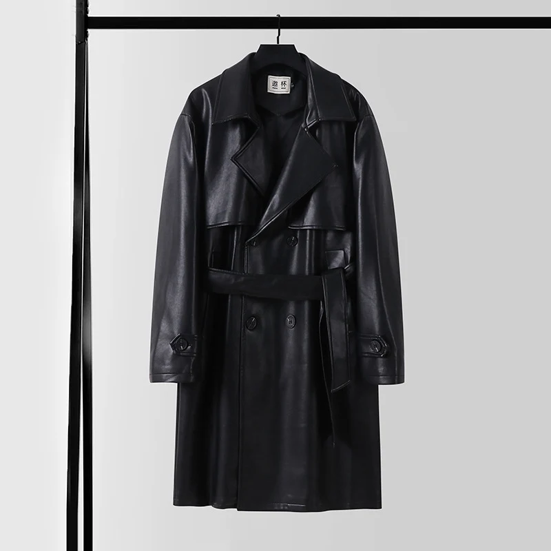 Herren Lederimitat-Trenchcoat mit Doppelreiher, Oversize-Schnitt und Manschettenriegel Nord Taschen