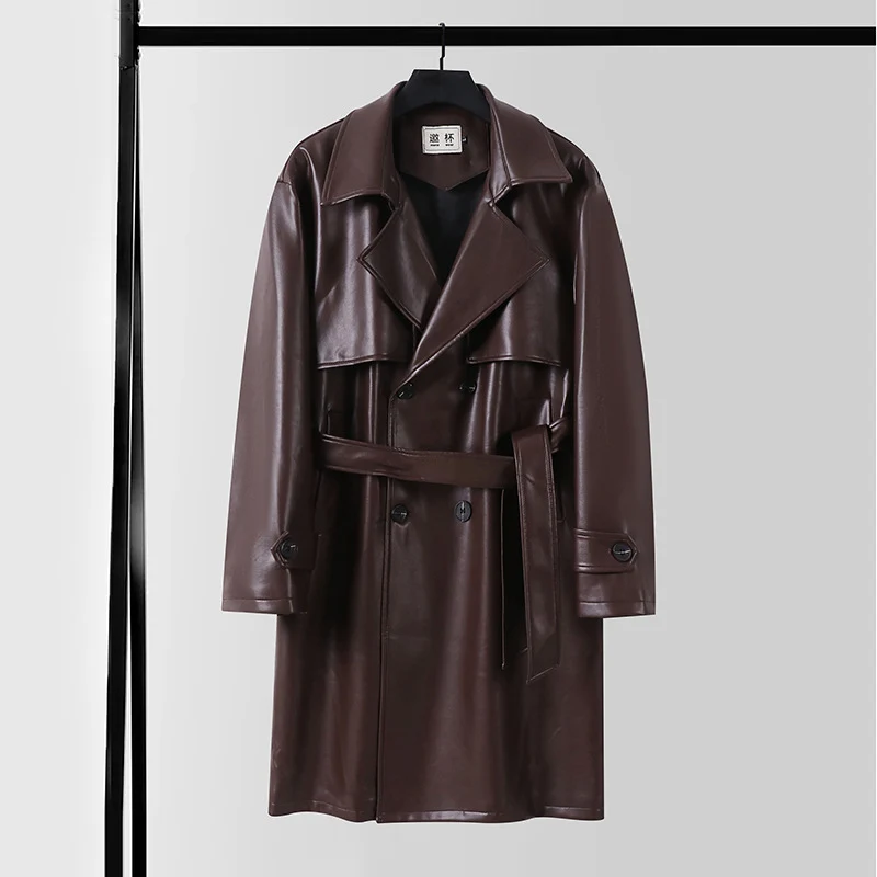 Herren Lederimitat-Trenchcoat mit Doppelreiher, Oversize-Schnitt und Manschettenriegel Nord Taschen