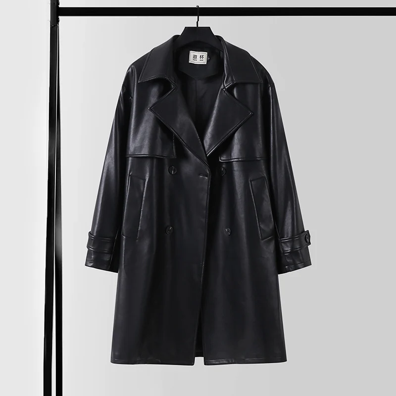 Herren Lederimitat-Trenchcoat mit Doppelreiher, Oversize-Schnitt und Manschettenriegel Nord Taschen