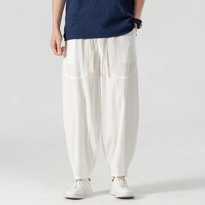 Herren Lässige Leinen-Baumwoll-Hose mit weitem Bein, Kordelzug und aufgesetzten Taschen Nord Taschen