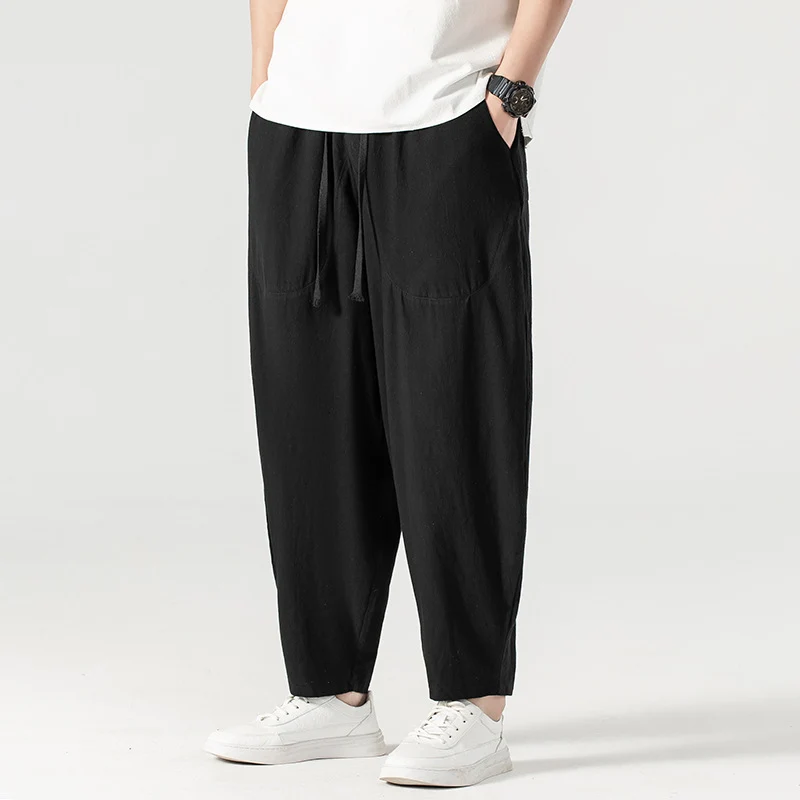 Herren Lässige Leinen-Baumwoll-Hose mit weitem Bein, Kordelzug und aufgesetzten Taschen Nord Taschen