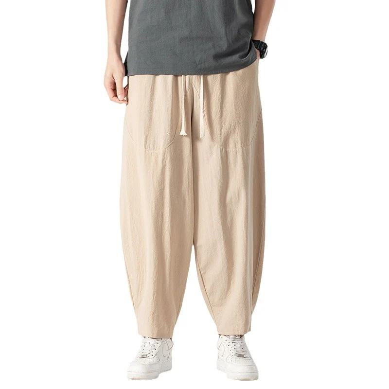 Herren Lässige Leinen-Baumwoll-Hose mit weitem Bein, Kordelzug und aufgesetzten Taschen Nord Taschen
