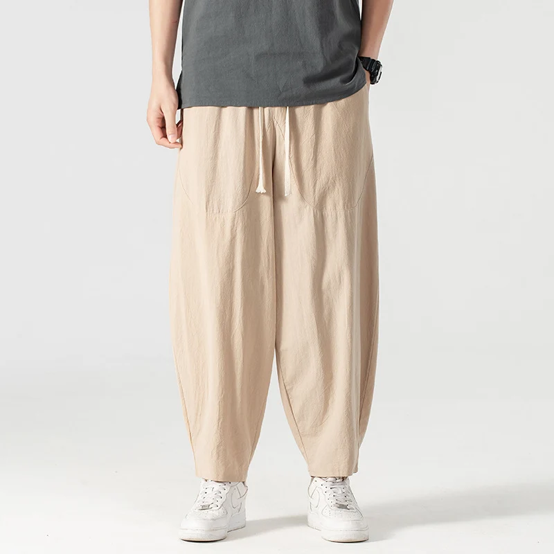 Herren Lässige Leinen-Baumwoll-Hose mit weitem Bein, Kordelzug und aufgesetzten Taschen Nord Taschen