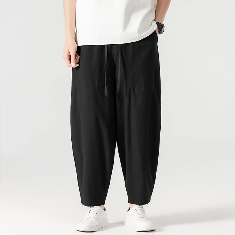 Herren Lässige Leinen-Baumwoll-Hose mit weitem Bein, Kordelzug und aufgesetzten Taschen Nord Taschen