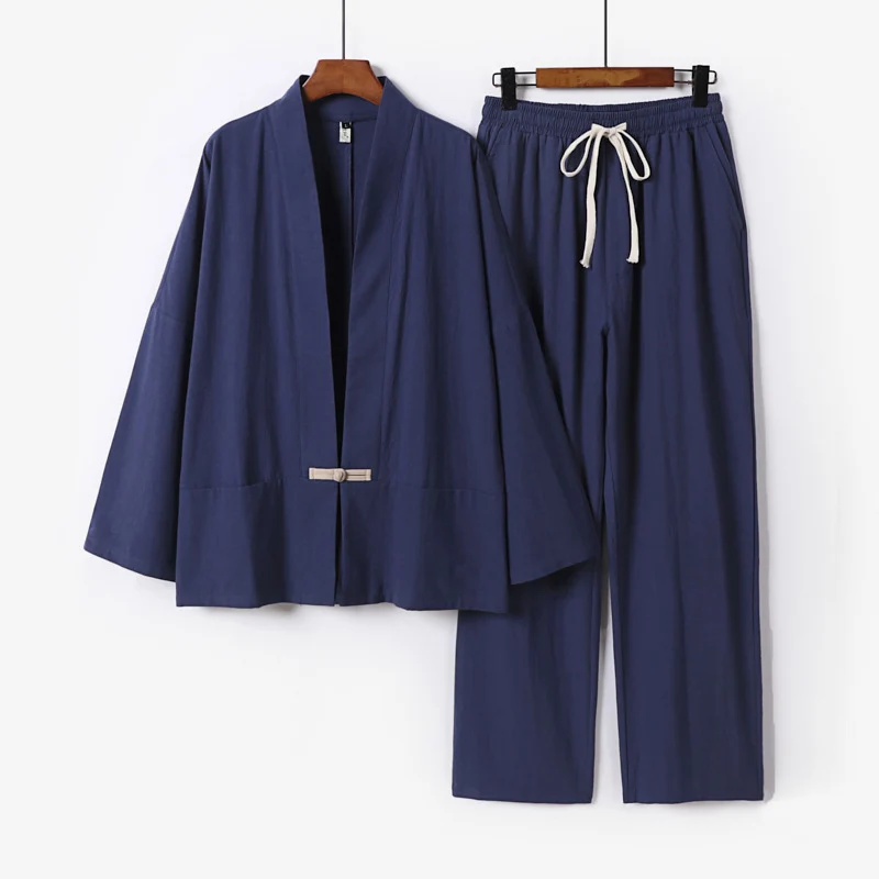Herren Zen-inspiriertes Kimono-Loungewear-Set aus leichter Baumwollmischung mit offenem Schnitt und Kordelbundhose Nord Taschen