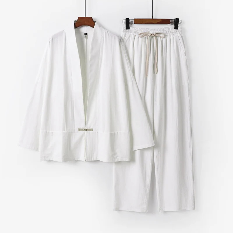 Herren Zen-inspiriertes Kimono-Loungewear-Set aus leichter Baumwollmischung mit offenem Schnitt und Kordelbundhose Nord Taschen