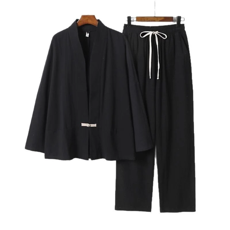 Herren Zen-inspiriertes Kimono-Loungewear-Set aus leichter Baumwollmischung mit offenem Schnitt und Kordelbundhose Nord Taschen