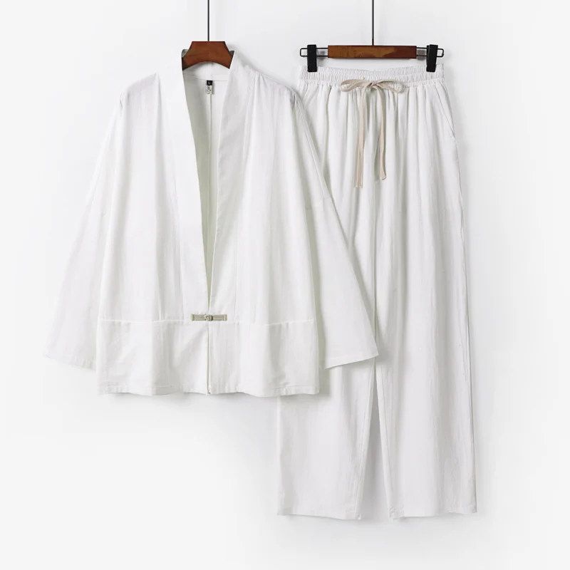 Herren Zen-inspiriertes Kimono-Loungewear-Set aus leichter Baumwollmischung mit offenem Schnitt und Kordelbundhose Nord Taschen