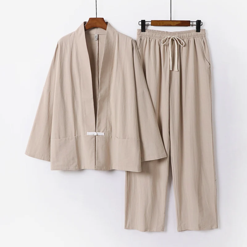 Herren Zen-inspiriertes Kimono-Loungewear-Set aus leichter Baumwollmischung mit offenem Schnitt und Kordelbundhose Nord Taschen