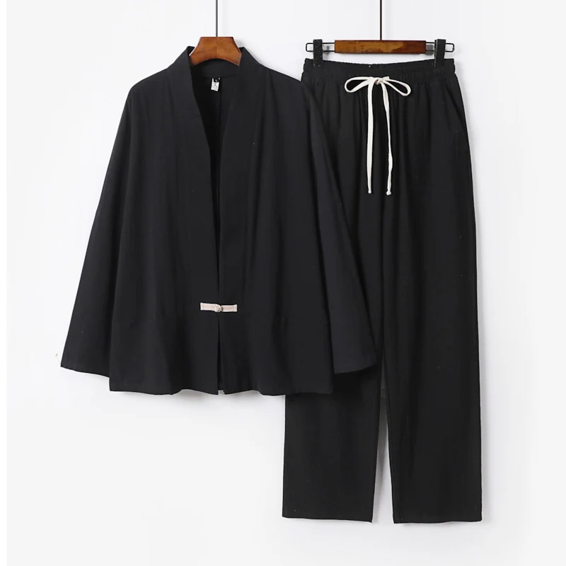 Herren Zen-inspiriertes Kimono-Loungewear-Set aus leichter Baumwollmischung mit offenem Schnitt und Kordelbundhose Nord Taschen