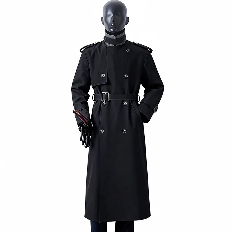 Herren Zeitloser Maxilanger Trenchcoat im Military-Stil mit Sturmklappe und Taillengürtel Nord Taschen