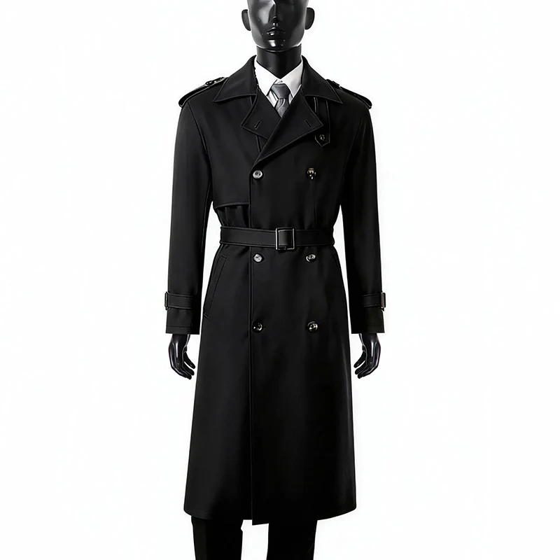 Herren Zeitloser Maxilanger Trenchcoat im Military-Stil mit Sturmklappe und Taillengürtel Nord Taschen